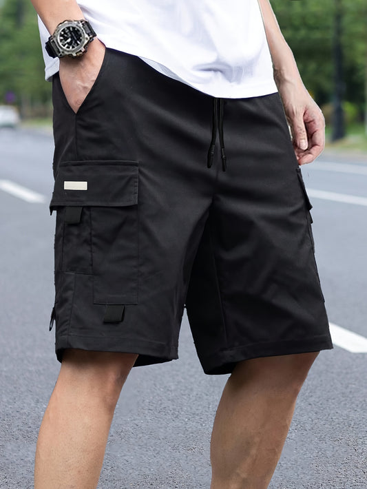 1pc Men'S Solid Color Cargo Shorts, Multi-Pocket Drawstring Waist Loose Fit Casual Work Shorts, Trendy Streetwear Style, Non-Waterproof Polyester, Woven Fabric, Mid Waist Design for Daily Use