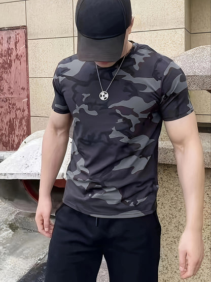 Men's Camouflage Print Short Sleeve T-shirt, Outdoor Athletic Tees For Males