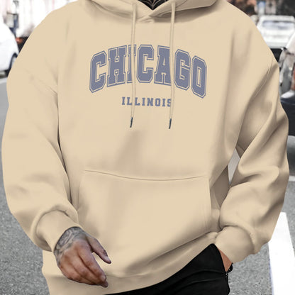 1pc Men'S Casual Chicago Illinois Letter Print Hoodie - Fashionable Drawstring Hooded Sweatshirt, Comfortable Long Sleeve Pullover, Polyester Knit Fabric, Regular Fit for Autumn/Winter