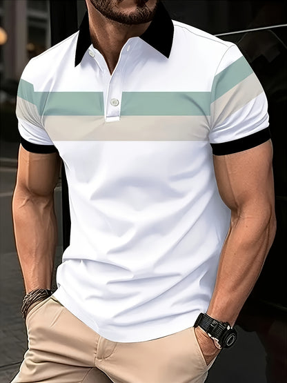 [All-Season Golf Polo Shirt] Men'S Casual Block Color Short Sleeve Polo Shirt, Polyester Knit Fabric with Slight Stretch, Regular Fit, with Lapel Collar and Button Details, for All-Season Golf Shirt