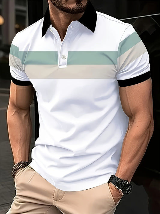 [All-Season Golf Polo Shirt] Men'S Casual Block Color Short Sleeve Polo Shirt, Polyester Knit Fabric with Slight Stretch, Regular Fit, with Lapel Collar and Button Details, for All-Season Golf Shirt