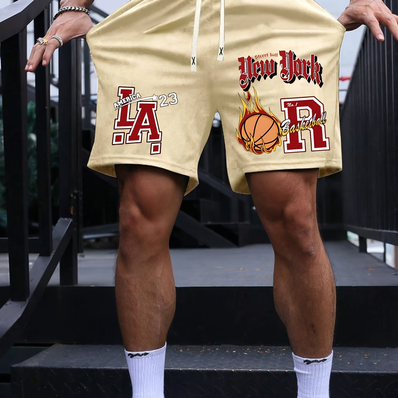 Men's Casual Basketball-Themed Drawstring Shorts - "NEW YORK" & LA Basketball Print, Beige Polyester, Non-Stretch Fabric, Smooth Texture, Hand or Dry Clean Only