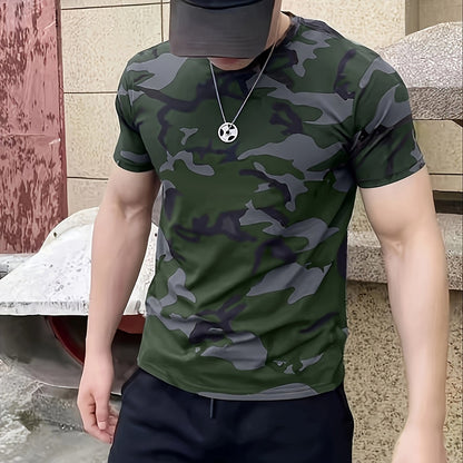 Men's Camouflage Print Short Sleeve T-shirt, Outdoor Athletic Tees For Males