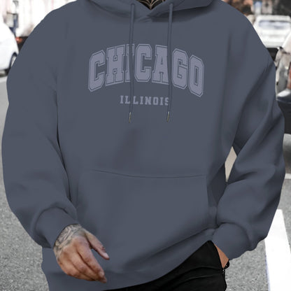 1pc Men'S Casual Chicago Illinois Letter Print Hoodie - Fashionable Drawstring Hooded Sweatshirt, Comfortable Long Sleeve Pullover, Polyester Knit Fabric, Regular Fit for Autumn/Winter