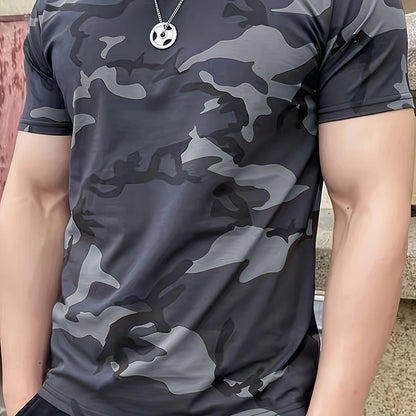 Men's Camouflage Print Short Sleeve T-shirt, Outdoor Athletic Tees For Males