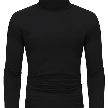 Long Sleeve Slim Fit Turtleneck T-Shirt - Soft Medium Stretch Polyester Fabric, High Neck Collar, Regular Fit, Hand Wash Only, Perfect for Spring and Fall - Casual Style for Adult Men