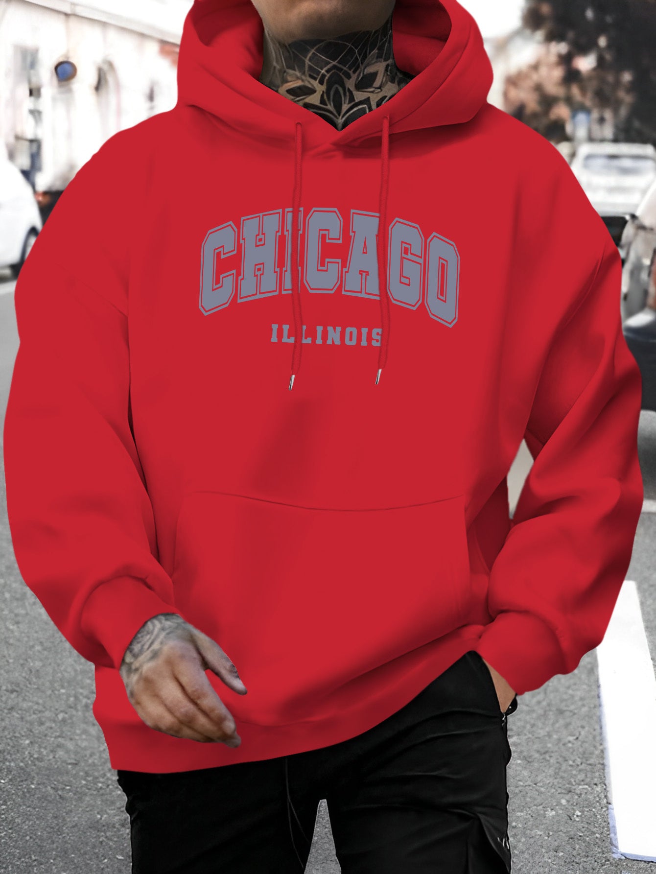 1pc Men'S Casual Chicago Illinois Letter Print Hoodie - Fashionable Drawstring Hooded Sweatshirt, Comfortable Long Sleeve Pullover, Polyester Knit Fabric, Regular Fit for Autumn/Winter