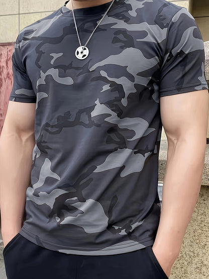 Men's Camouflage Print Short Sleeve T-shirt, Outdoor Athletic Tees For Males