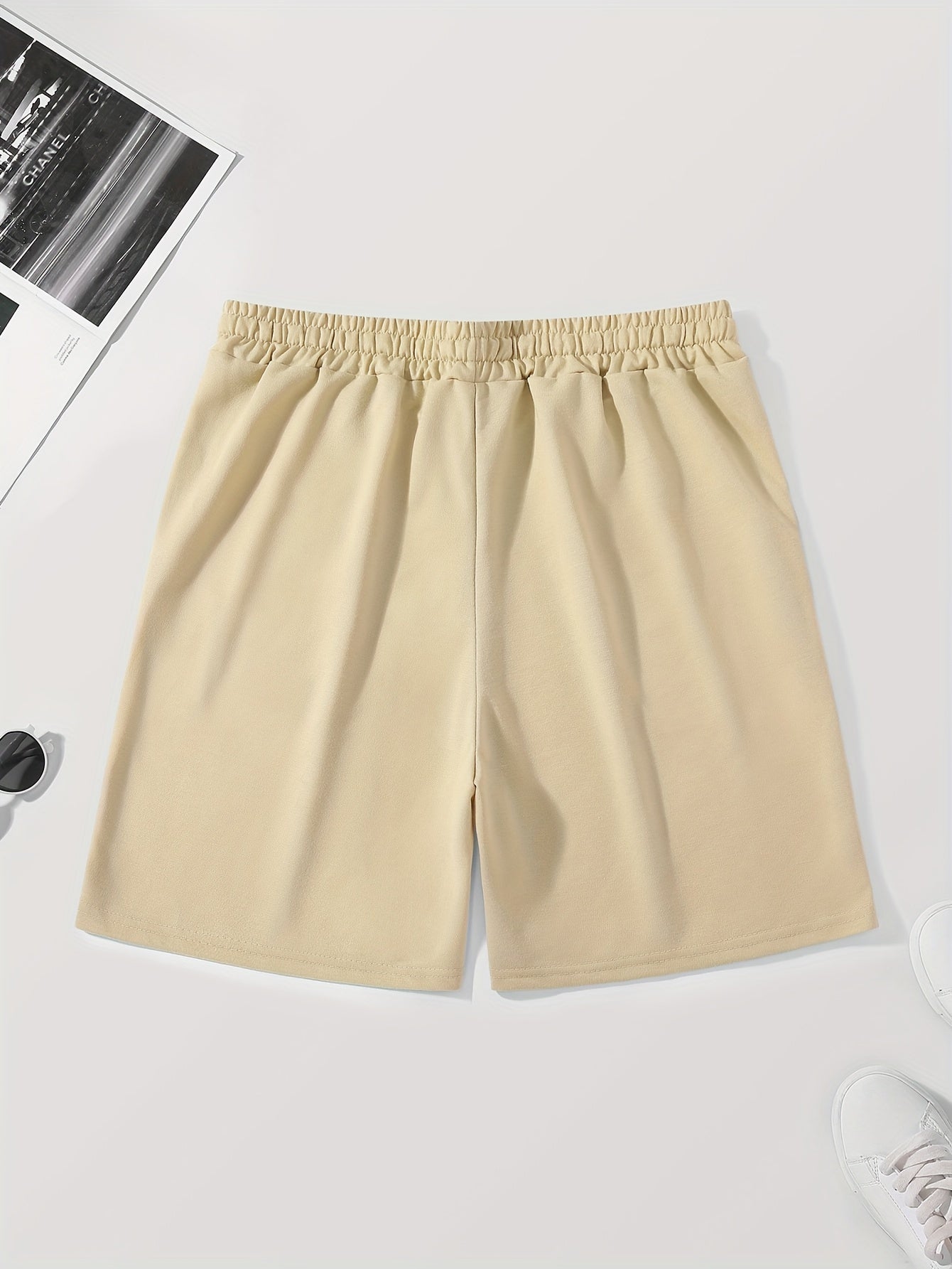 Men's Casual Basketball-Themed Drawstring Shorts - "NEW YORK" & LA Basketball Print, Beige Polyester, Non-Stretch Fabric, Smooth Texture, Hand or Dry Clean Only