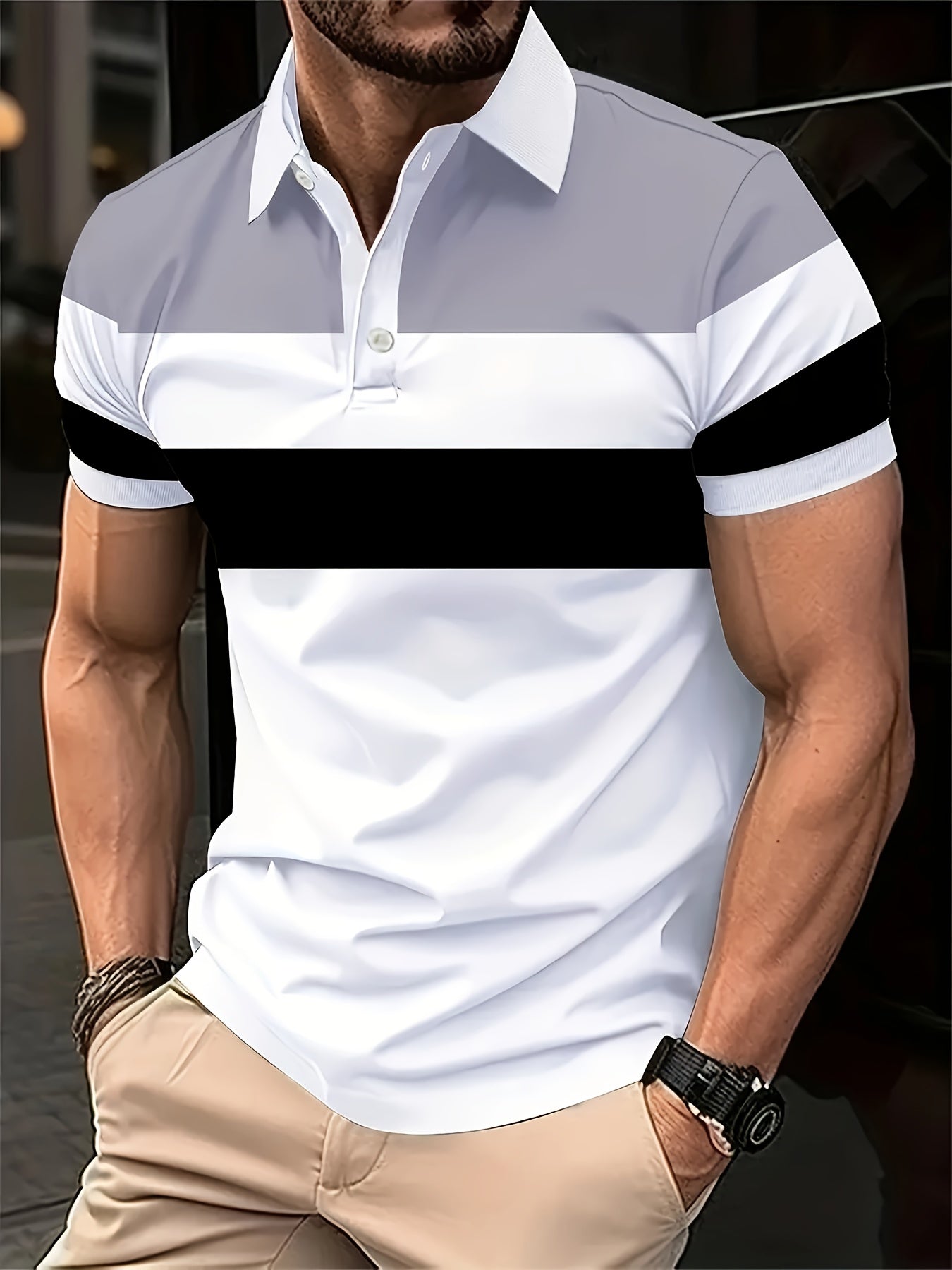 [All-Season Golf Polo Shirt] Men'S Casual Block Color Short Sleeve Polo Shirt, Polyester Knit Fabric with Slight Stretch, Regular Fit, with Lapel Collar and Button Details, for All-Season Golf Shirt