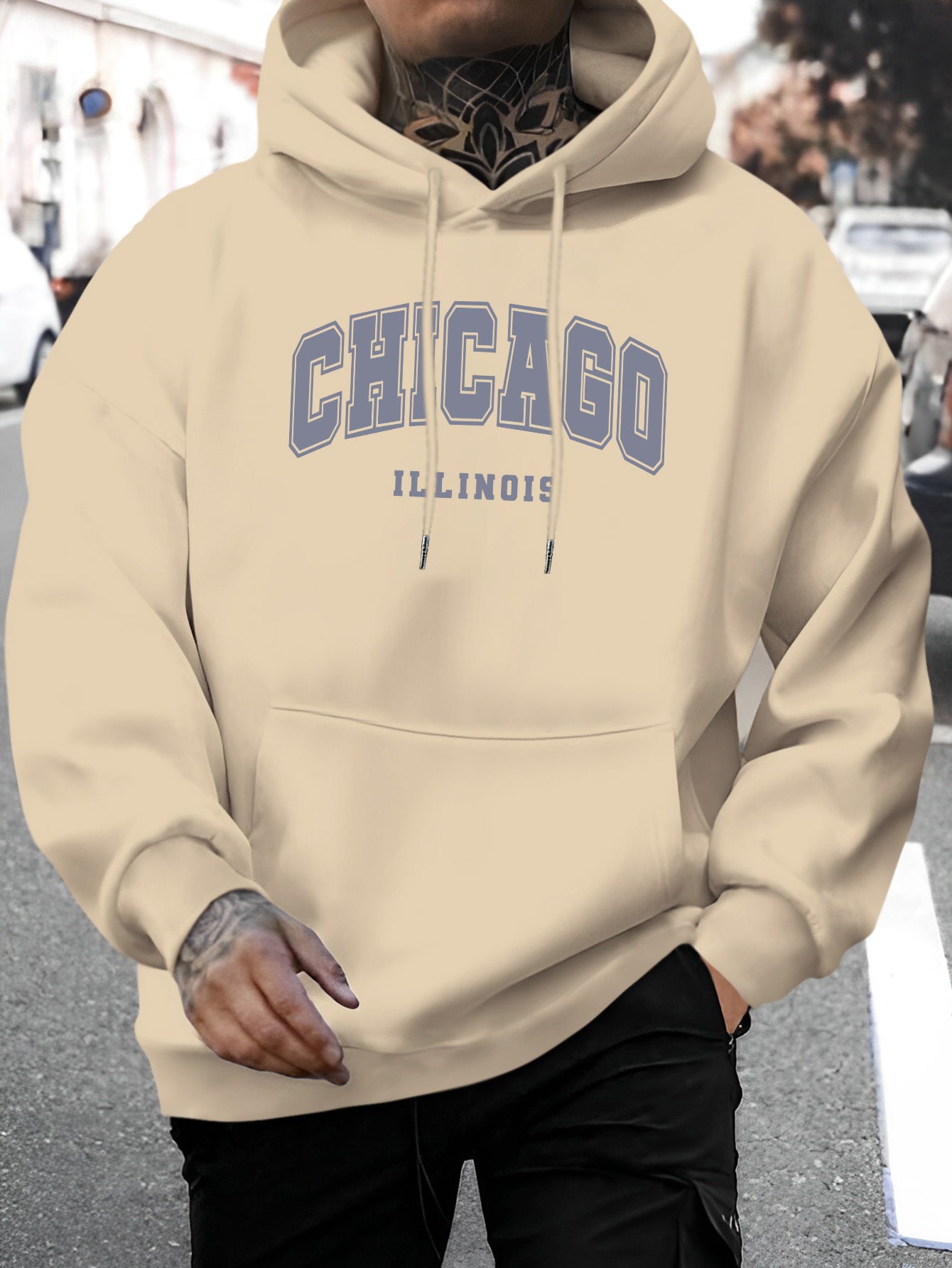 1pc Men'S Casual Chicago Illinois Letter Print Hoodie - Fashionable Drawstring Hooded Sweatshirt, Comfortable Long Sleeve Pullover, Polyester Knit Fabric, Regular Fit for Autumn/Winter