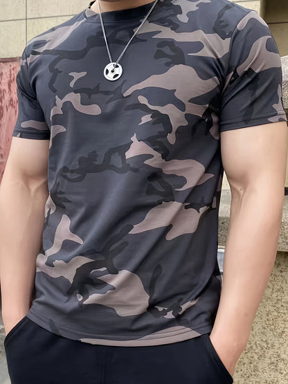 Men's Camouflage Print Short Sleeve T-shirt, Outdoor Athletic Tees For Males