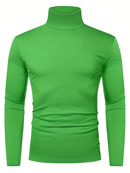 Long Sleeve Slim Fit Turtleneck T-Shirt - Soft Medium Stretch Polyester Fabric, High Neck Collar, Regular Fit, Hand Wash Only, Perfect for Spring and Fall - Casual Style for Adult Men