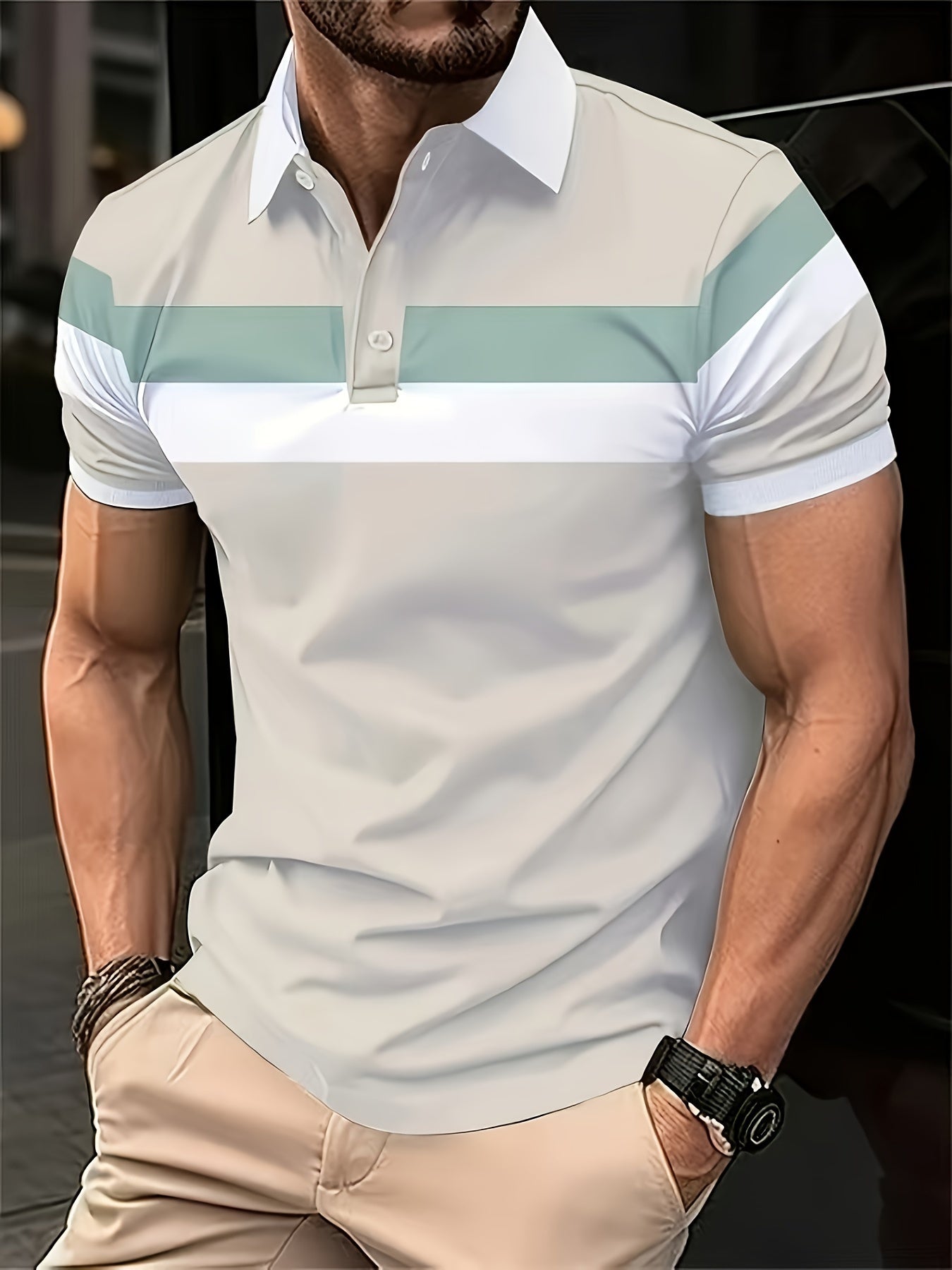 [All-Season Golf Polo Shirt] Men'S Casual Block Color Short Sleeve Polo Shirt, Polyester Knit Fabric with Slight Stretch, Regular Fit, with Lapel Collar and Button Details, for All-Season Golf Shirt