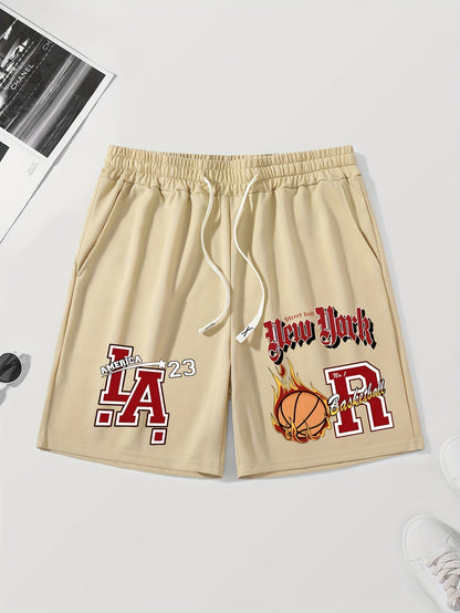 Men's Casual Basketball-Themed Drawstring Shorts - "NEW YORK" & LA Basketball Print, Beige Polyester, Non-Stretch Fabric, Smooth Texture, Hand or Dry Clean Only