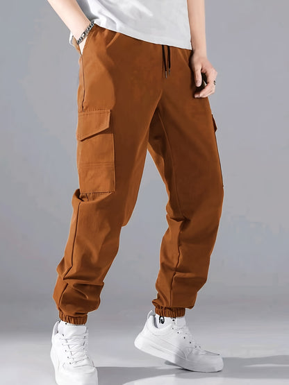 Men'S Casual Polyester Joggers, 100% Polyester, Solid Color, All-Season, Non-Stretch Fabric, Regular Fit with Pockets, Woven, 150g/m² - Comfortable Regular Length Trousers