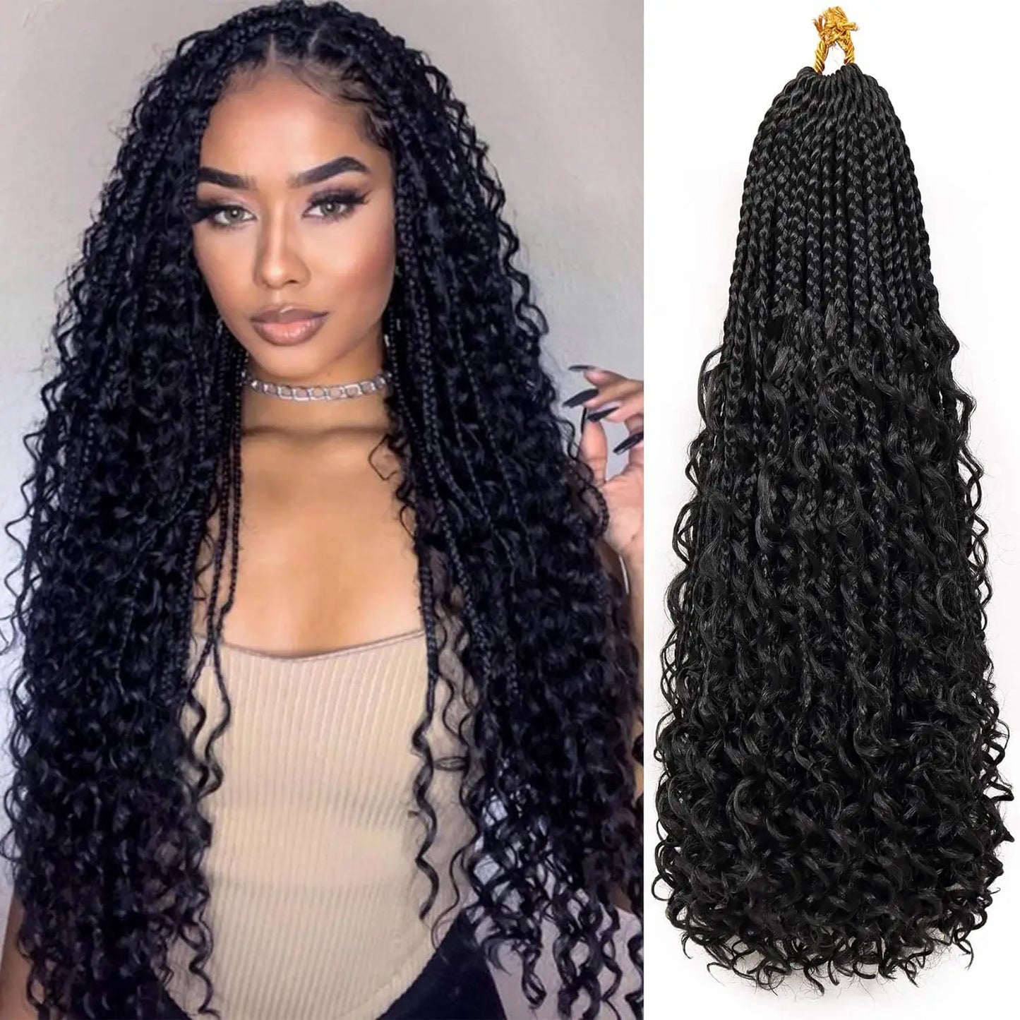 Goddess Boho Box Braids Crochet Hair With Curly Ends 1PCS Synthetic Pre Looped Crochet Box Braiding Hair Extensions for Women