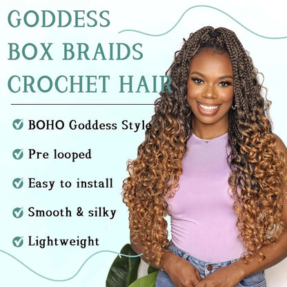 Goddess Boho Box Braids Crochet Hair With Curly Ends 1PCS Synthetic Pre Looped Crochet Box Braiding Hair Extensions for Women