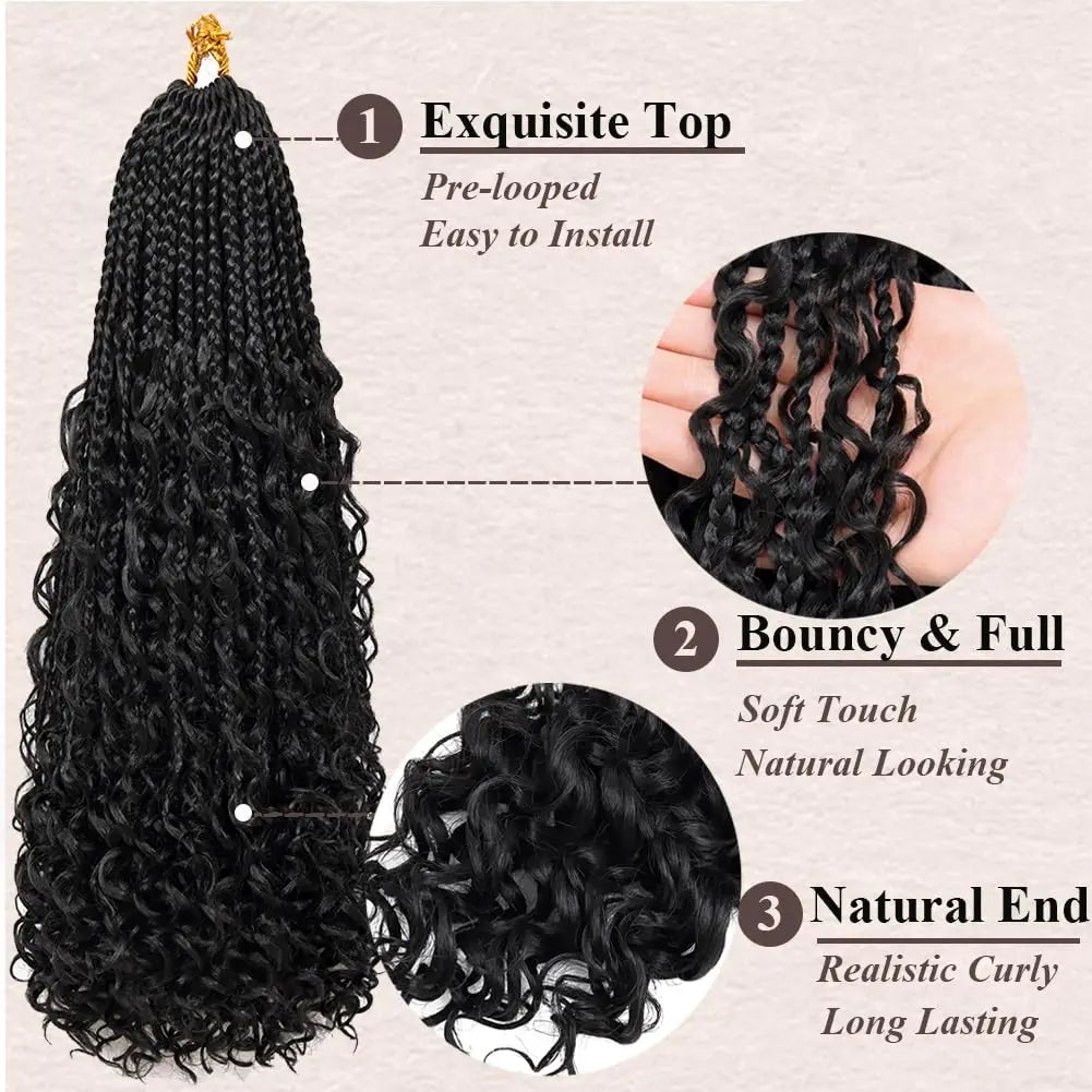 Goddess Boho Box Braids Crochet Hair With Curly Ends 1PCS Synthetic Pre Looped Crochet Box Braiding Hair Extensions for Women