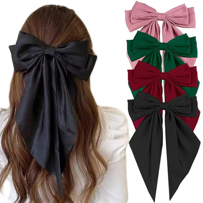 4Pcs Women Large Bow Hair Clip Girls Chiffon Big Bow Hairpins Satin Barrette Women Solid Color Ponytail Clip Hair Accessories