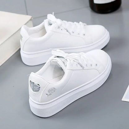 Women's Flower Embroidery Fashion Lace-up White Sneakers