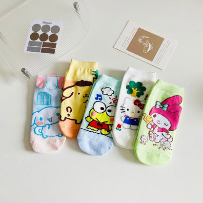 5Pcs Kawaii Sanrio Hello Kitty My Melody Cinnamoroll Cartoon Boat Socks Ventilate Short Socks Thin Cotton Christmas Girl Gift