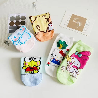 5Pcs Kawaii Sanrio Hello Kitty My Melody Cinnamoroll Cartoon Boat Socks Ventilate Short Socks Thin Cotton Christmas Girl Gift