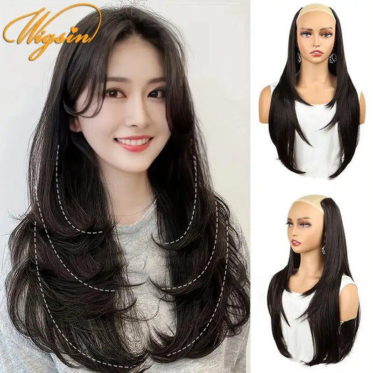 WIGSIN 22Inch Synthetic V-shaped Layered 4 Clips Long Straight Hair Extension Fashion Invisible Hairpiece Wig for Women