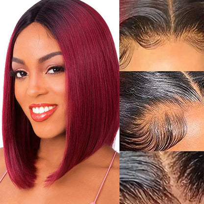 1B/99J Burgundy Short Straight Bob Human Hair Wigs Brazilian Lace Front Human Hair Wigs Pre Plucked T Part Lace Wigs Remy Hair