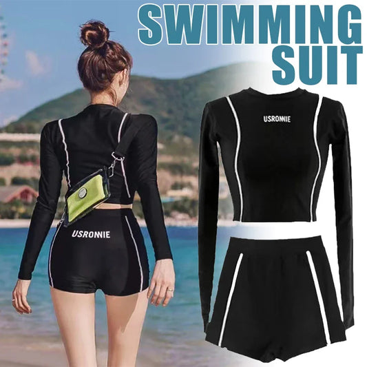 Women's Swimsuit Fashion Color Matching Round Neck Long Sleeve Shorts Split Swimsuit Quick-drying Breathable Surfing Swimsuit