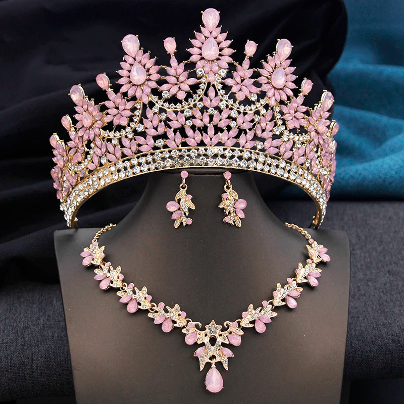 High Opal Pink Tiaras and necklace earrings Bridal Jewelry Sets for Women Brides Wedding Crown Prom Birthday Costume Accessories