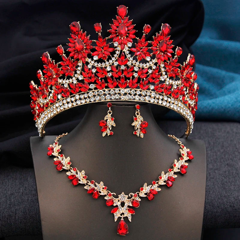 High Opal Pink Tiaras and necklace earrings Bridal Jewelry Sets for Women Brides Wedding Crown Prom Birthday Costume Accessories