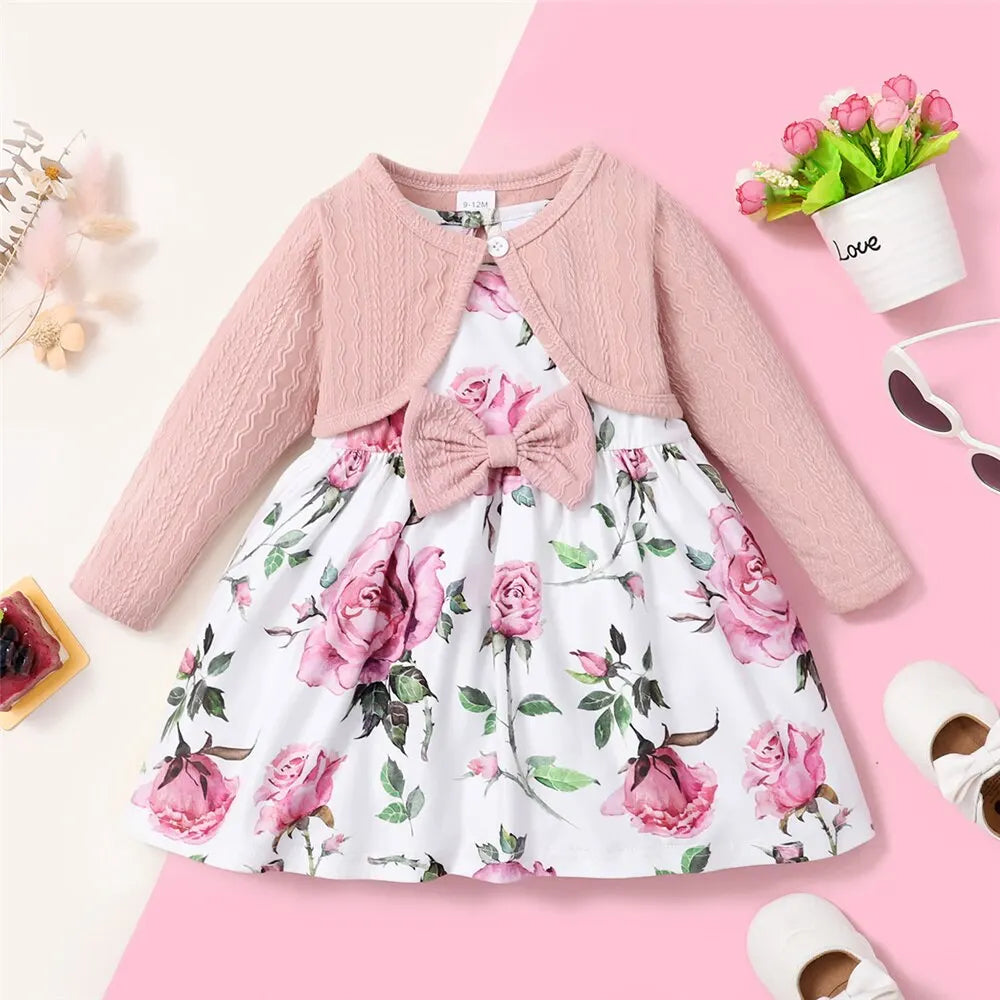 0-3 Years 2PCS Birthday Party Clothing Set Pink Long Sleeves Coat+Flower Dress for Kids Girl Fashion Wedding Dinner Skirt Outfit