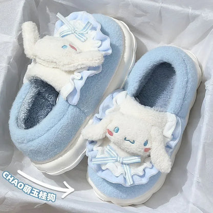 Non-slip warm slippers with funny cartoon design for home interior.