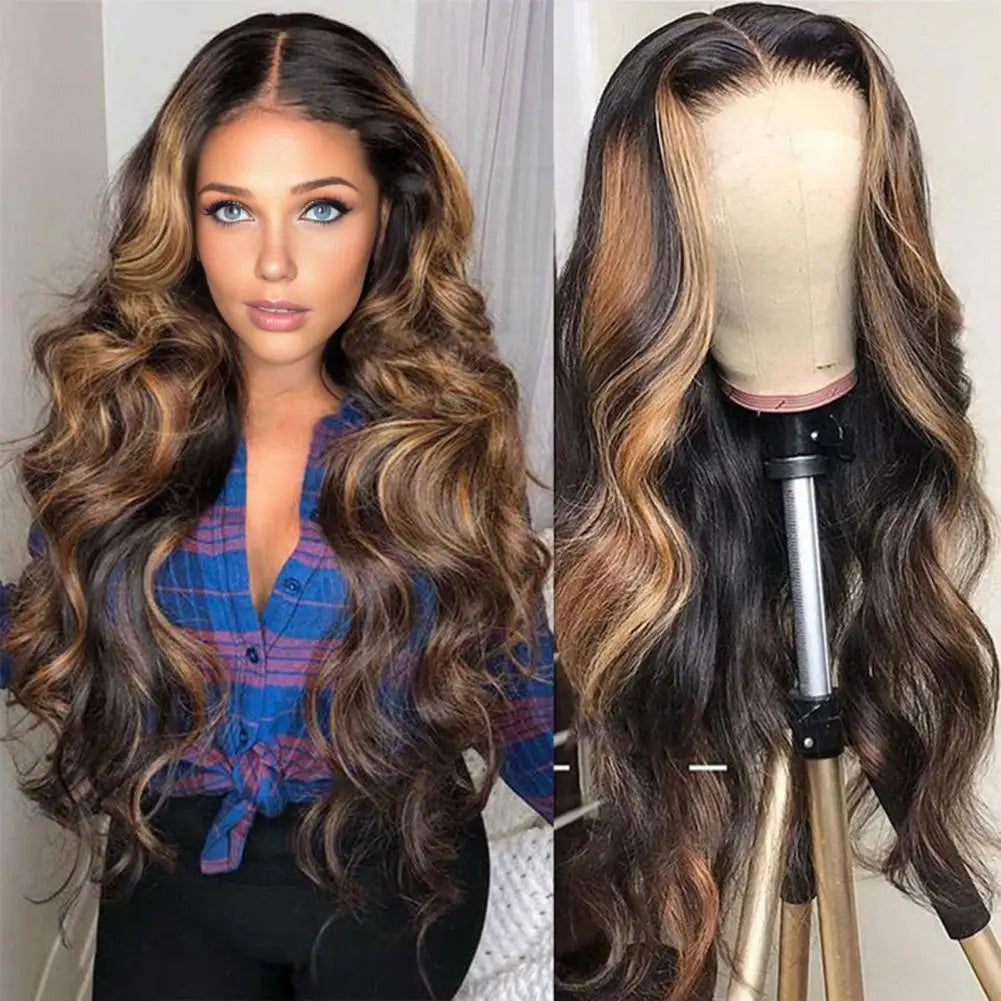 Women Long Straight Wig Middle Part Natural Silky High Temperature Fiber Wig Ladies Highlight Long Curly Synthetic Hair