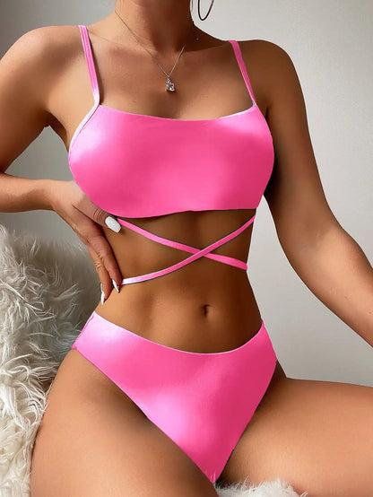 3 Pieces Ombre Lace Up Bikini Swimsuit & Beach Skirt Sexy Swimwear Women 2024 Bathing Swimming Swim Suit Female Summer Beachwear