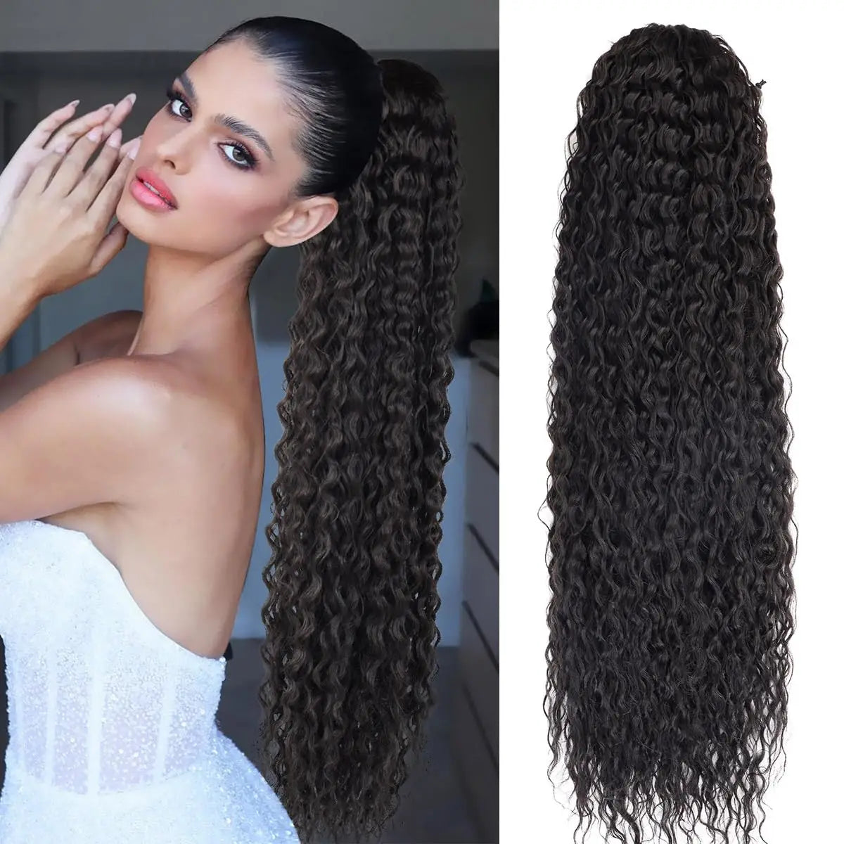 22Inch Synthetic Curly Ponytail Hair Extensions For Women Black Drawstring Ponytail Hair Extension Natural Water Wave Ponytail