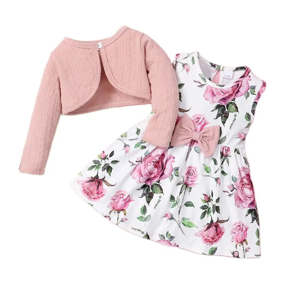 0-3 Years 2PCS Birthday Party Clothing Set Pink Long Sleeves Coat+Flower Dress for Kids Girl Fashion Wedding Dinner Skirt Outfit