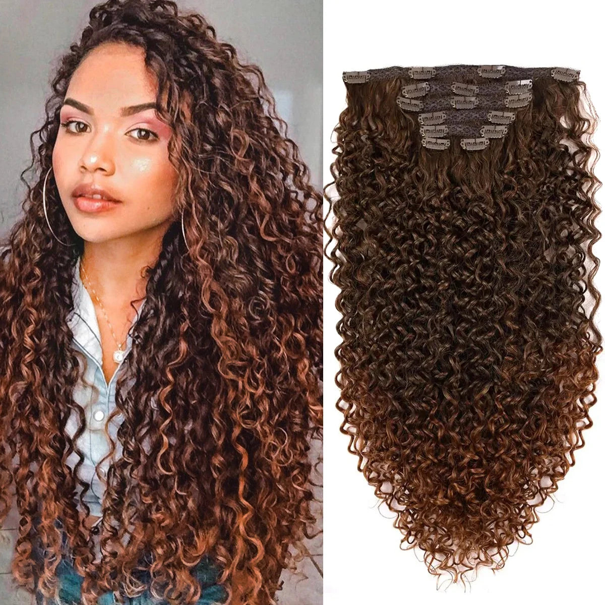 Synthetic Curly Clip In Hair Extensions Kinky Curly Hairpieces Clip-On Full Head Fake Pieces Black Brown Hair For Women