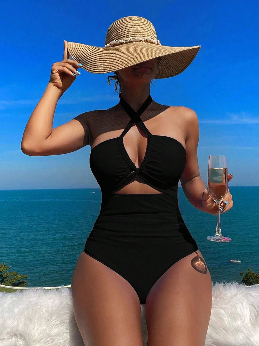 Drawstring One-piece Women Swimsuit 2025 Swimwear Female High Waisted Bikini Bandeau Halter Bathing Suit Swimming for Monokini