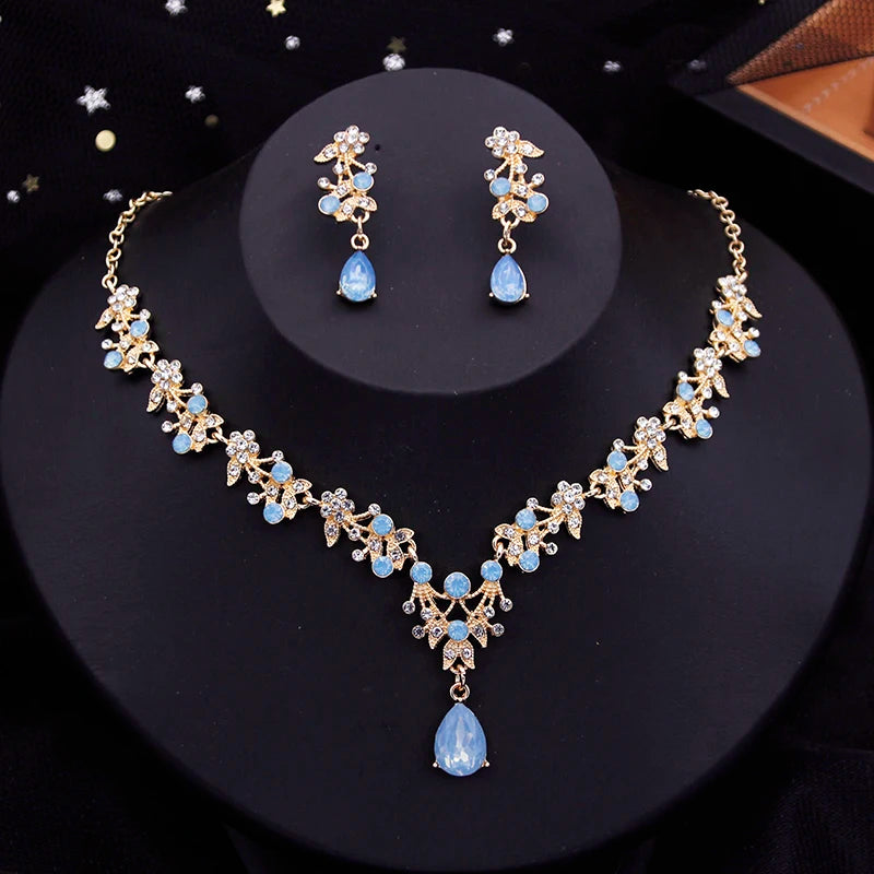 Exquisite Dangle Earrings and Necklace Set for Women Bridal Jewelry Set Rhinestone Flower Choker Necklace set Party Wedding