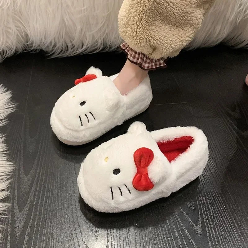 Non-slip warm slippers with funny cartoon design for home interior.