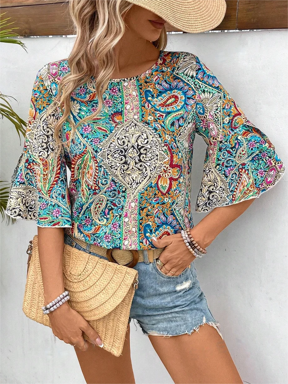 Paisley Print Flare Sleeve Blouse Vintage Crew Neck Blouse For Spring  Fall Women's Clothing