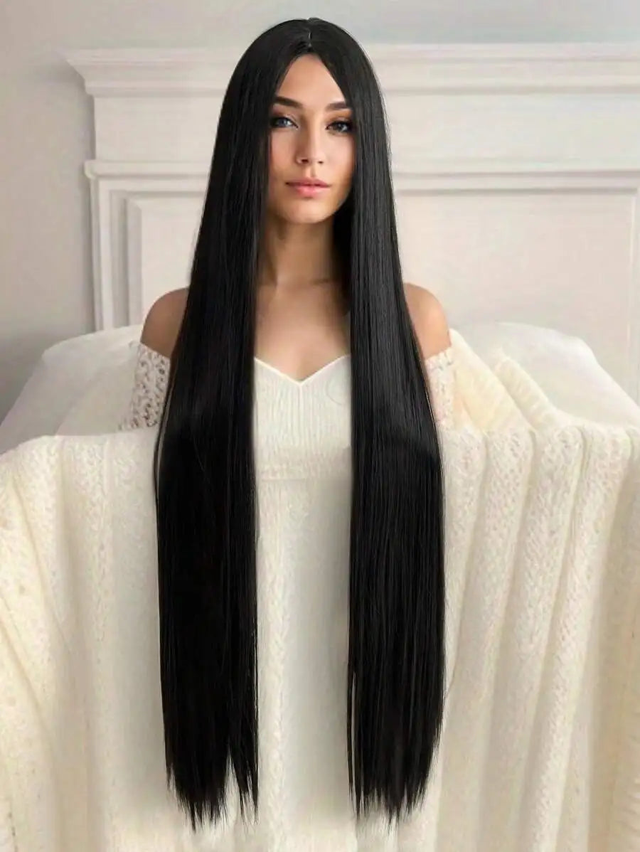 woman's black super long 40Inch synthetic wig with long straight hair with no bangs in the middle is suitable for Halloween part