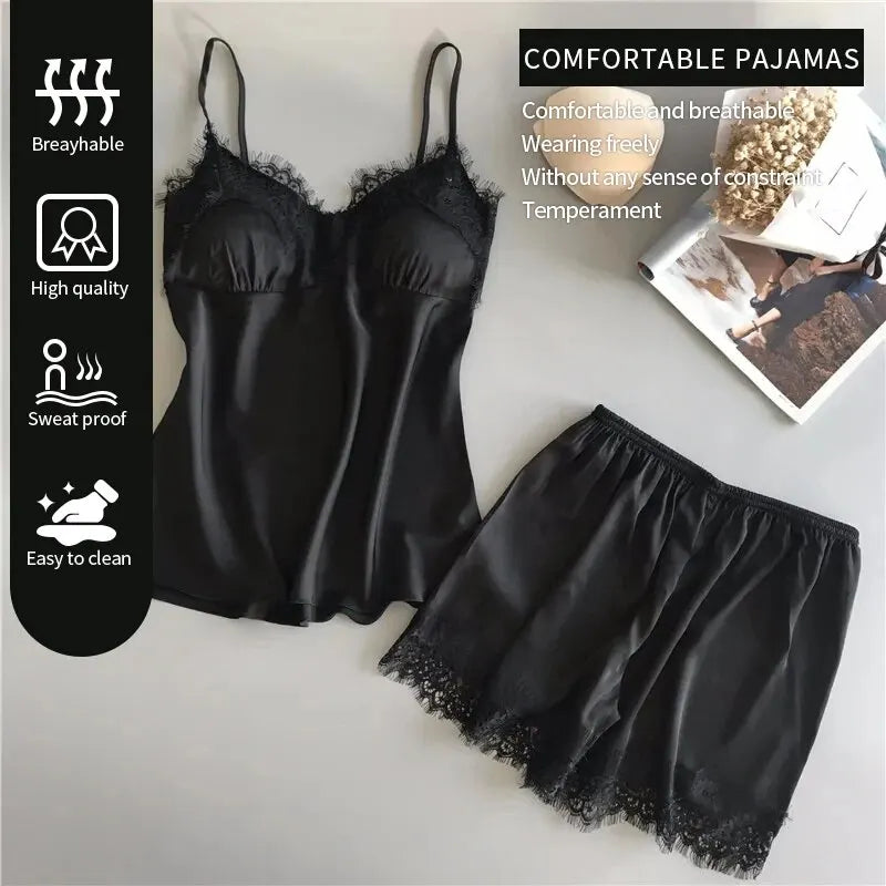 Two PCS New Summer Women's V-Neck Sexy Lace Pajama Set Women's Sexy Lace Suspender Top and Shorts Casual Home Pajamas