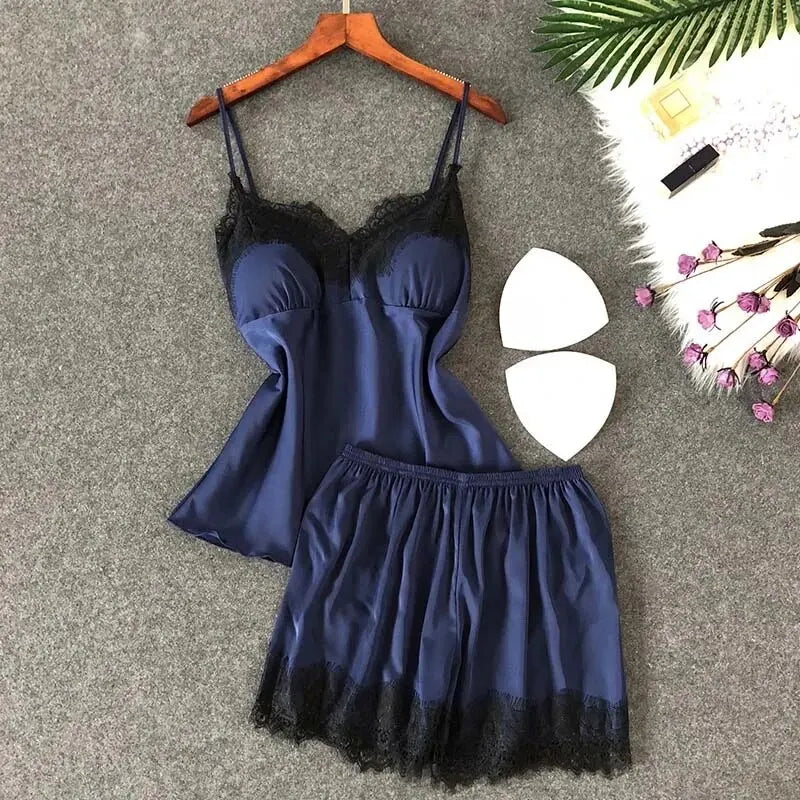 Two PCS New Summer Women's V-Neck Sexy Lace Pajama Set Women's Sexy Lace Suspender Top and Shorts Casual Home Pajamas