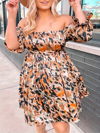 Plus size spring and summer clearance burst a line collar leopard print dress burst a big clearance a line collar half sleeve