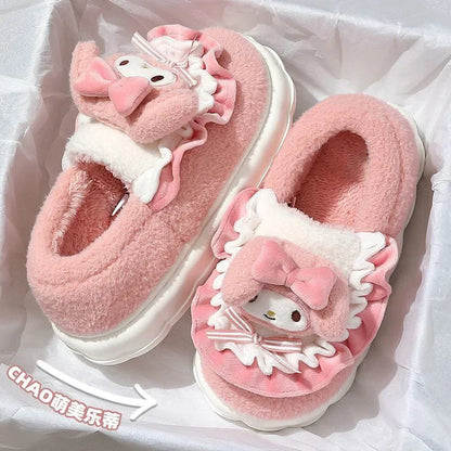 Non-slip warm slippers with funny cartoon design for home interior.