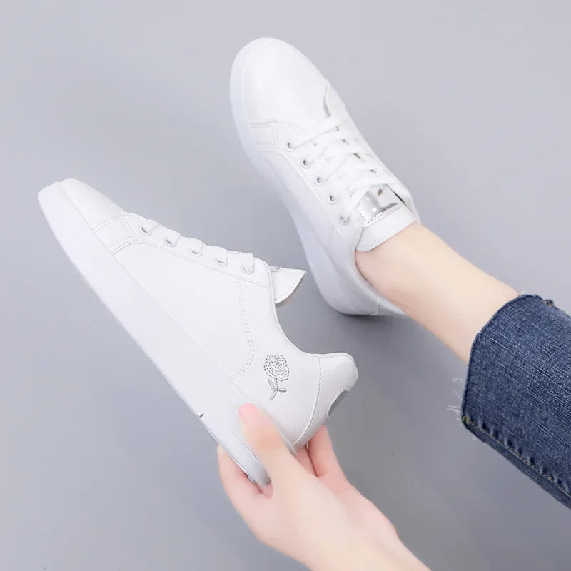 Women's Flower Embroidery Fashion Lace-up White Sneakers