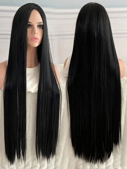 woman's black super long 40Inch synthetic wig with long straight hair with no bangs in the middle is suitable for Halloween part